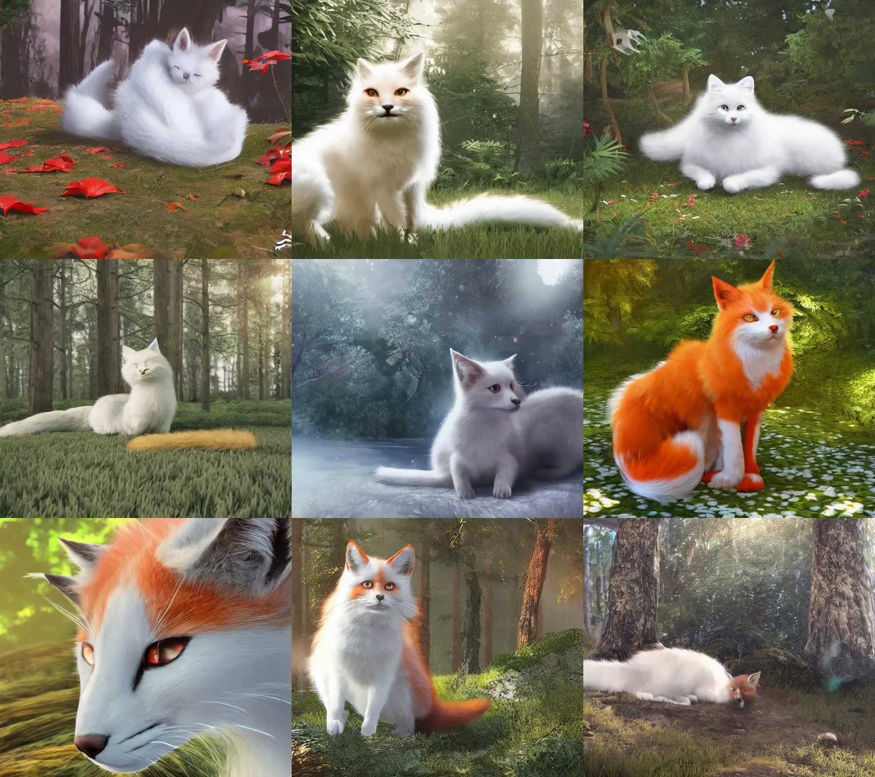Prompt: white cat with fluffy red tail like fox tail lying at sunny forest, high detailed, hyper realistic, octane engine, anime illustration, ray tracing