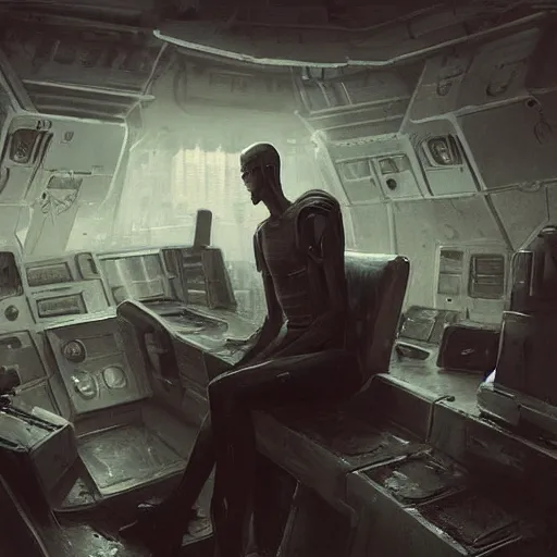 Image similar to concept art by greg rutkowski, a very tall, and slender man with short black hair, sitting with the crew in the ship's flight deck, brutalist futuristic interior, dark lighting atmosphere, detailed portraits, nostalgic atmosphere, scifi, digital painting, artstation, concept art, smooth, sharp foccus ilustration, artstation hq