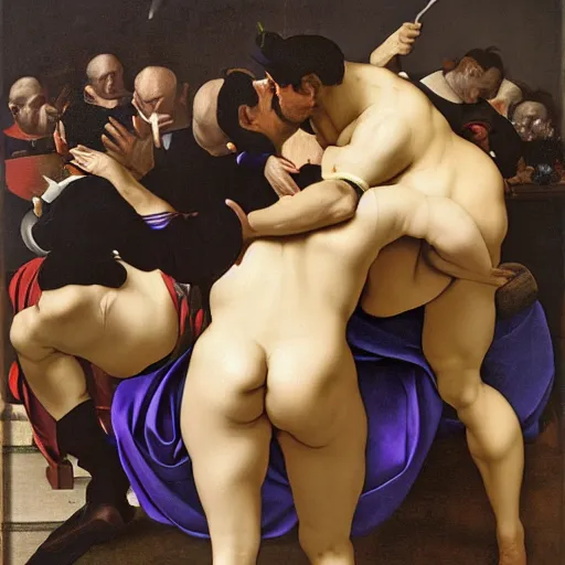 Prompt: thicc Mario kissing thicc Waluigi in Rome, Caravaggio, 8k