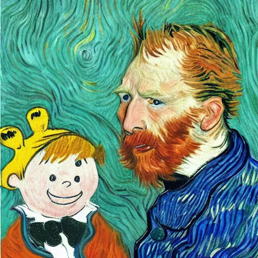 Prompt: portrait of calvin and hobbs, detailed, by beatrix potter annd van gogh