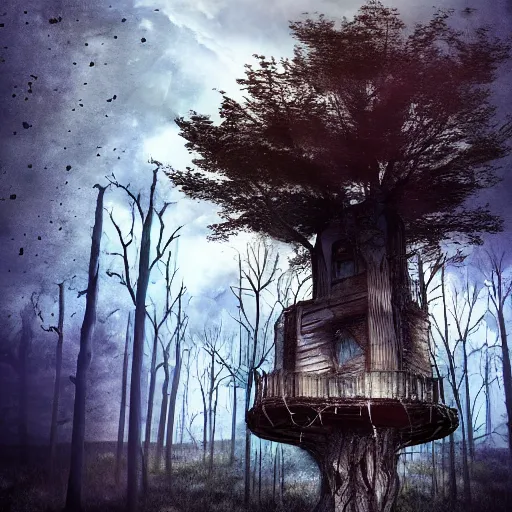 Image similar to tree house, post - apocalyptic, dark fantasy, liminal space, dark paradise, digital art