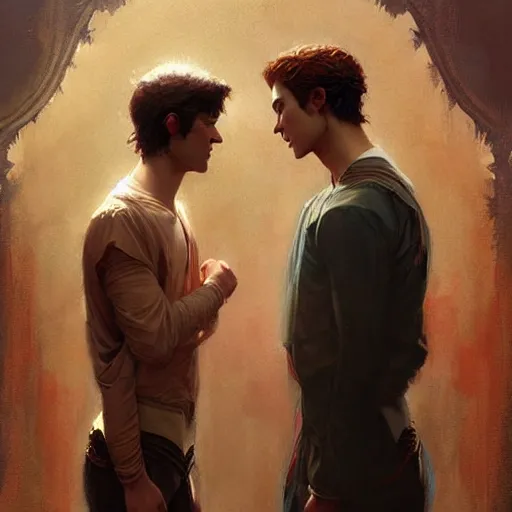 Image similar to attractive fully clothed king confesses his love for his attractive fully clothed male prince. highly detailed painting by craig mullins, tom bagshaw,