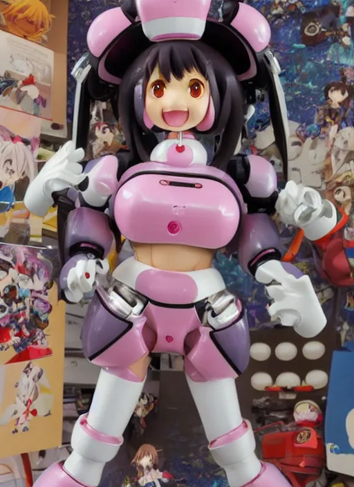 Image similar to a hyperrealistic caricature of a kawaii mecha musume anime girl figurine with a big dumb bucktooth grin featured on wallace and gromit by arthur szyk