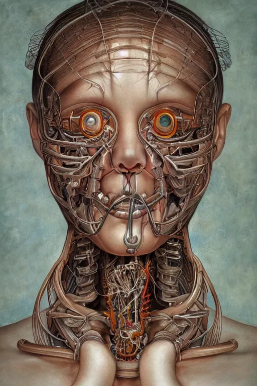 Image similar to beautiful portrait of biomechanical being by marco mazzoni, otomo katsuhiro, remnev andrey, detailed, realistic skin color