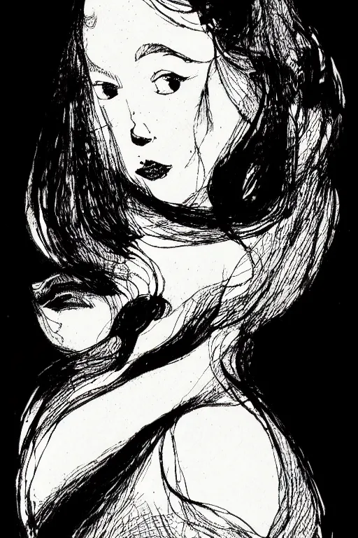 Image similar to ink lineart drawing of a beautiful heavy woman, dark lips, white background, etchings by goya, chinese brush pen, illustration, high contrast, deep black tones contour