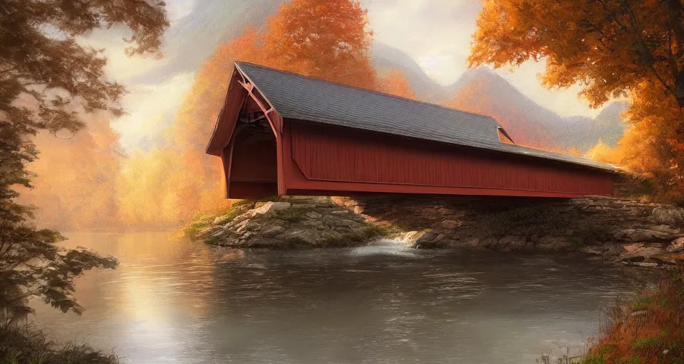 Image similar to A beautiful digital painting of a covered bridge, crystal lake, lovely valley by Stanley Artgerm Lau, Rossdraws, James Jean, gerald brom, Andrei Riabovitchev, Marc Simonetti, and Sakimichan, trending on artstation