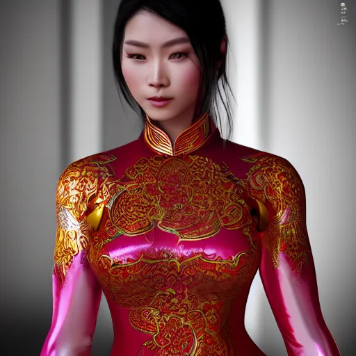 Image similar to muscular oiled woman wearing ao dai, ultra realistic, concept art, intricate details, highly detailed, photorealistic, octane render, 8 k, unreal engine.