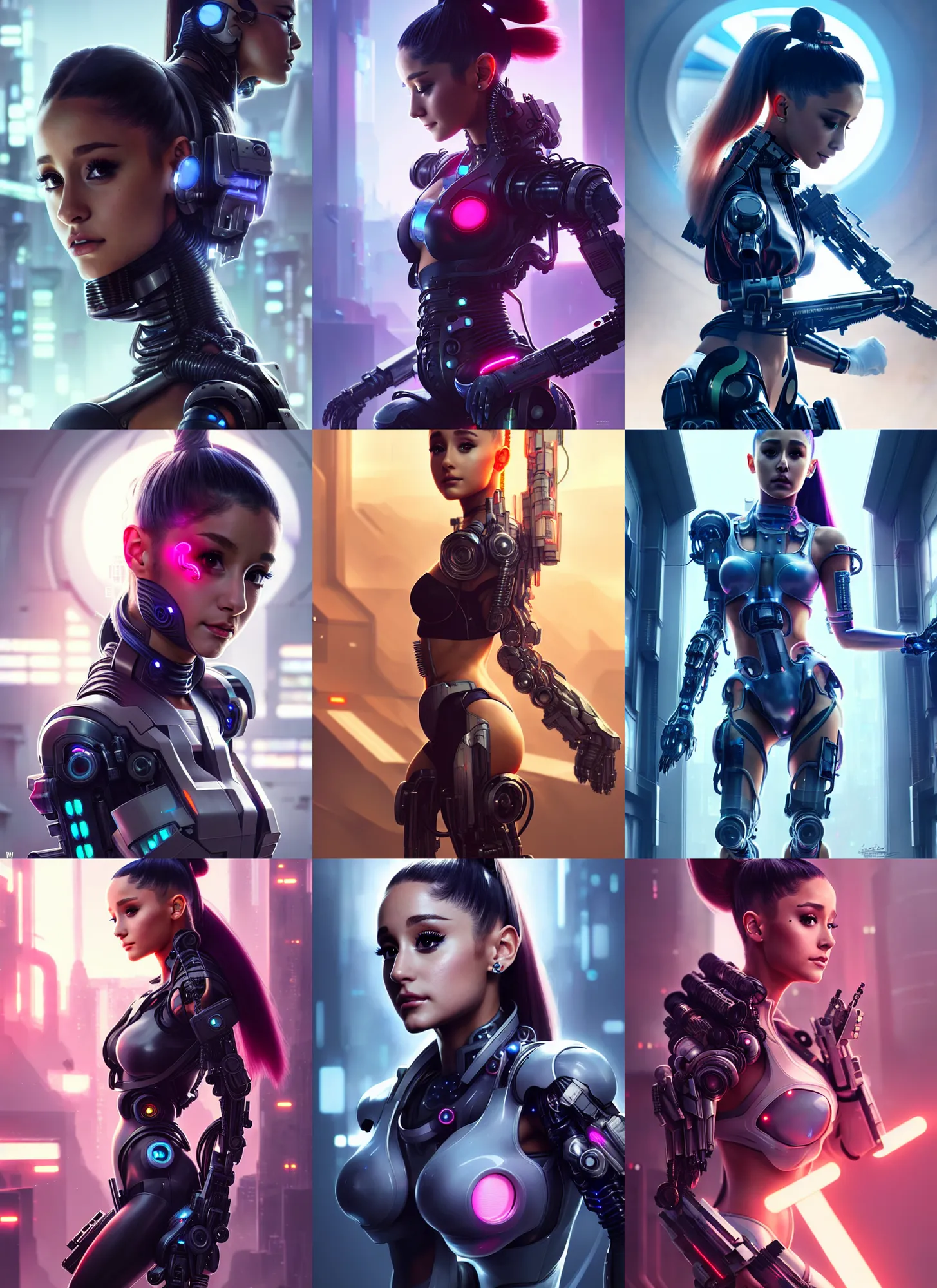 Prompt: ariana grande as a weaponized cyborg, cyberpunk, intricate wirings, highly detailed, sci - fi, octane render, 8 k, sharp focus, smooth, beautiful and graceful, art by artgerm, greg rutkowski, tian zi, soey milk,