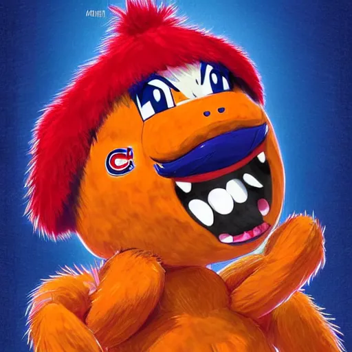 Image similar to anime Portrait of Youppi the Habs Montreal Canadiens Mascot as a very cute powerful and friendly pokemon in a Cheetos Ad, highly detailed anime, high evolution, 1990s, legendary, smooth, sharp focus, dynamic lighting, intricate, trending on ArtStation, cheetos pub, illustration pokemon, art by WLOP