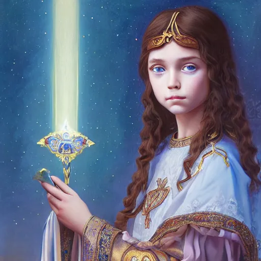 Prompt: a little girl with short wavy curly light brown hair and blue eyes, a space empress in byzantine style. beautiful highly detailed face, painting by ilya kuvshinov and raymond swanland