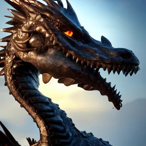 Image similar to bust of a beautiful anthropomorphic humanoid robot female dragon, with smooth and streamlined armor, standing and posing elegantly, well detailed dragon head with LED eyes and a warm maw, sharp and dangerous sleek design, two arms, two legs, long tail, beautiful digital art, artstation, DeviantArt, FurAffinity, professional, octane render, sunset lighting