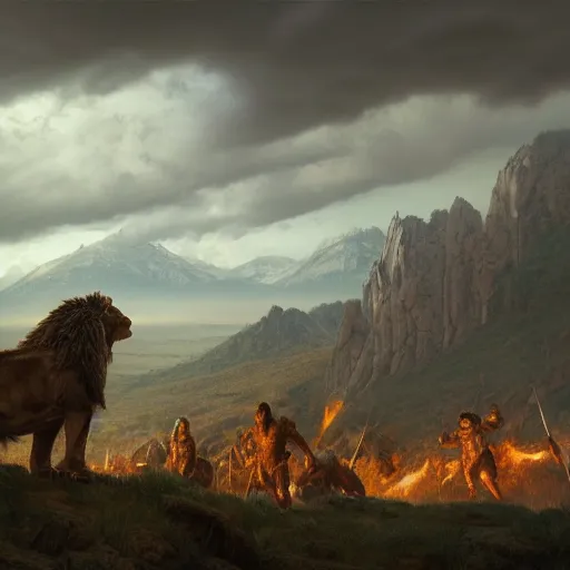 Prompt: cavemen with spears in the foreground, a giant roaring lion with wings in the midground, mountains and thunder in background, fight, matte painting in the style of greg rutkowski and james gurney, trending on Artstation, digital art
