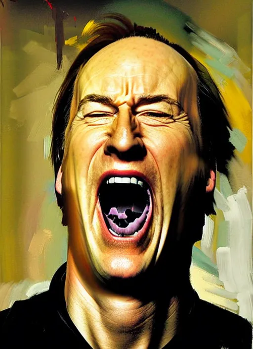 Image similar to 'bob odenkirk screaming, painting by phil hale, 'action lines'!!!, graphic style, visible brushstrokes, motion blur, blurry