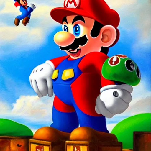 Prompt: A detailed, dramatic painting of super mario shooting a goomba with a machine gun