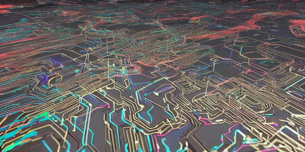 Image similar to a 3D colorspace of interconnected circuitry, seamless, tile, HDRI, insanely detailed 8K unreal engine