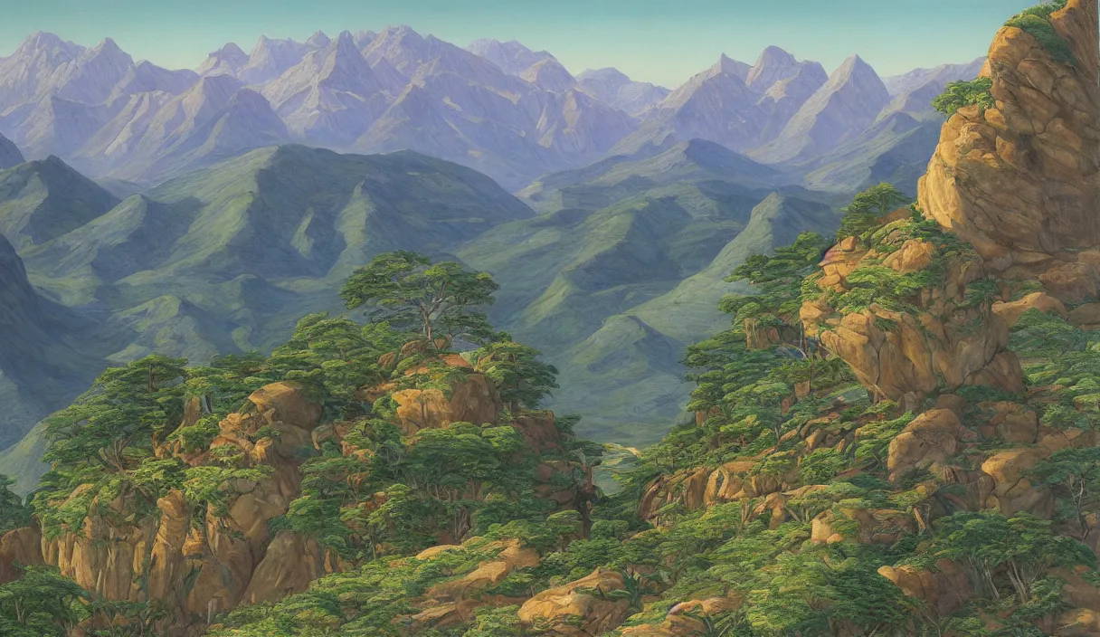 Prompt: mountain landscape, detailed, by marianne north, by moebius