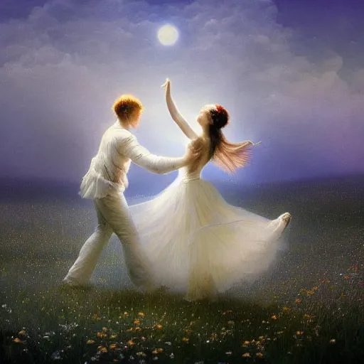 Image similar to the moonlit dance of the fae, dancers in white dancing across a flower meadow the moonlit dance by elena vizerskaya and ivan aivazovsky, perfectly detailed, artstation, sharp focus, highly detailed, studio photography, atmospheric, trending on artstation, surrealist, volumetric lighting