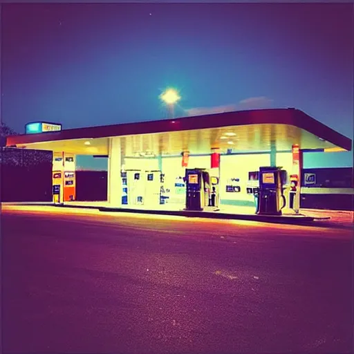 Prompt: “gas station at night”