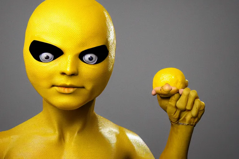 Prompt: a photo of a humanoid lemon with lemonade eyes and a lemon body in a superhero costume, photorealistic, hd, 8 k