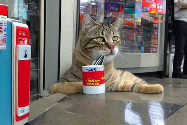 Image similar to cat smoking a cigarette in 7 - eleven