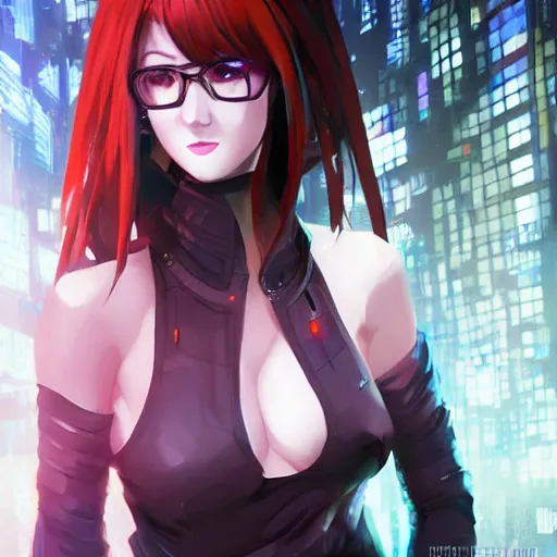 Image similar to An anime portrait of a fit Phoebe Kates as a cyberpunk hacker, by Stanley Artgerm Lau, WLOP, Rossdraws, James Jean, Andrei Riabovitchev, Marc Simonetti, and Sakimichan, tranding on artstation