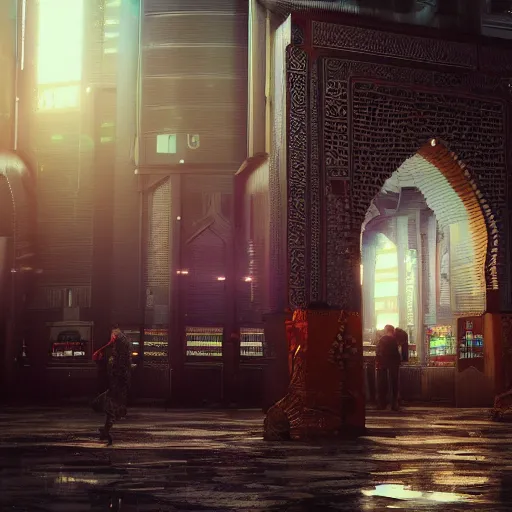 Image similar to Photorealistic cyberpunk mosque in crowded Tokyo. Hyperdetailed photorealism, UHD, amazing depth, glowing rich colors, powerful imagery, 3D octane cycle finalrender, 3d shading, cinematic lighting, artstation concept art