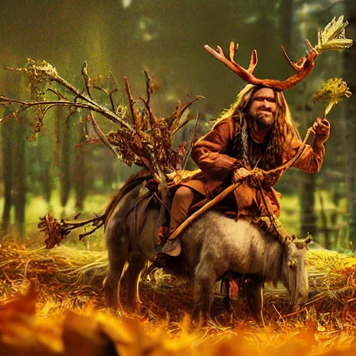 Image similar to hippie tribal hobo wearing twigs and leaves smiling sheepishly, riding tiny scuffy donkey with novelty oversized antlers, autumn forest, highly detailed, dramatic lighting, night time, cinematic, hyperrealistic, detailed, movie still from game of thrones