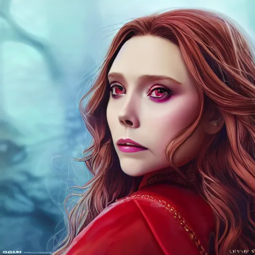 Image similar to Elizabeth Olsen as Scarlet Witch portrait, male anime style, illustrated by Avetetsuya Studios, intricate, detailed, photorealistic, trending on artstation, studio lighting, 4k, 8k