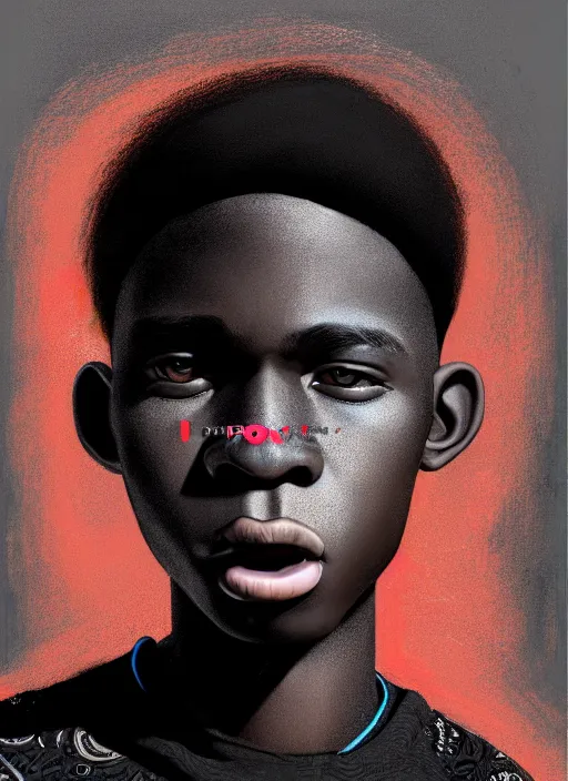 Image similar to portrait of a nigerian teen boy with a crooked nose and a confident expression, 1 9 6 0 s, black clothes, goth, punk, brightly coloured hair, funk, intricate, elegant, highly detailed, digital painting, artstation, concept art, smooth, sharp focus, illustration, art by wlop, mars ravelo and greg rutkowski