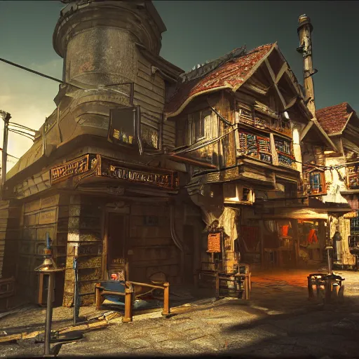 Prompt: ultra mega super hyper realistic Digital concept art of Cyberpunk tavern mixed with medieval style. Natural sunlight. Rendered in VRAY and DaVinci Resolve and MAXWELL and LUMION 3D, Volumetric natural light