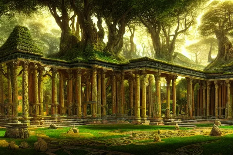 Prompt: a beautiful and highly detailed digital painting of an ancient palace in a beautiful garden in a mystical forest, celtic, intricate psychedelic patterns, epic scale, insanely complex, artstation, cgsociety, 8 k, sharp focus, hyperrealism, by caspar friedrich, albert bierstadt, james gurney, brian froud,