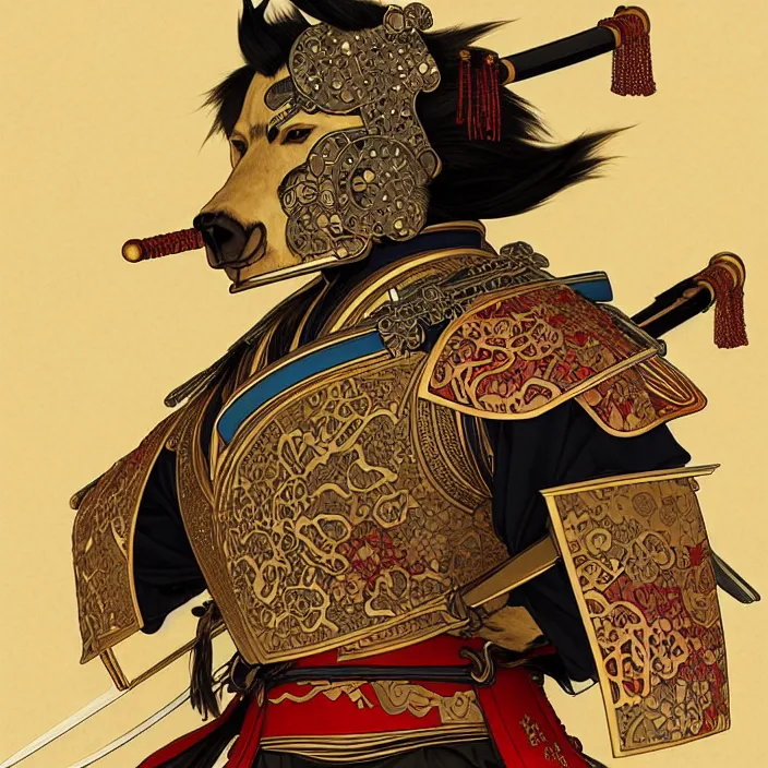 Image similar to anthropomorphic samurai bear cyborg, fantasy, intricate, highly detailed, lifelike, photorealistic, digital painting, artstation, illustration, concept art, smooth, sharp focus, art by alphonse mucha and kitagawa utamaro and ogata korin and aya takano