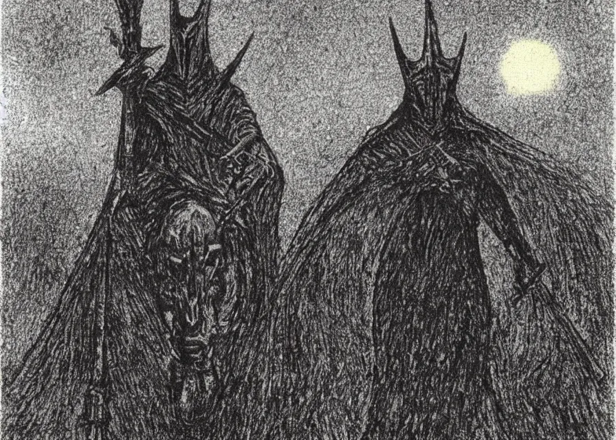 Image similar to the witch king of angmar rides upon black wings, by georges seurat