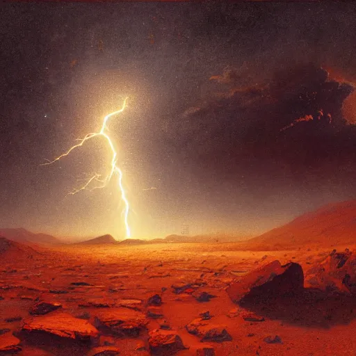 Image similar to UHD tonalism painting of Jack Black calling the lightning on Mars, by Antonio Caparo and Ferdinand Knab and Greg Rutkowski, UHD, photorealistic, trending on artstation, trending on deviantart