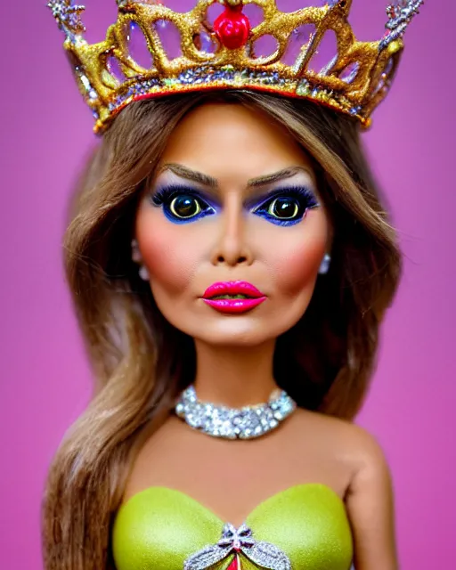 Image similar to closeup profile portrait of a tin toy melania trump as a fairytale princess wearing a crown and eating cakes, bikini, hyper realistic, artstation, illustration, nicoletta ceccoli, mark ryden, lostfish, max fleischer, digital paint, matte paint, vivid colors, bright, cheerful, detailed and intricate environment