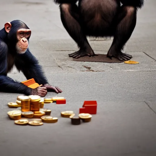 Prompt: a chimpanzee picking up pennies on a street in manhattan, depth of field, breathtaking, detailed and intricate environment, 8 k resolution, hyperrealistic