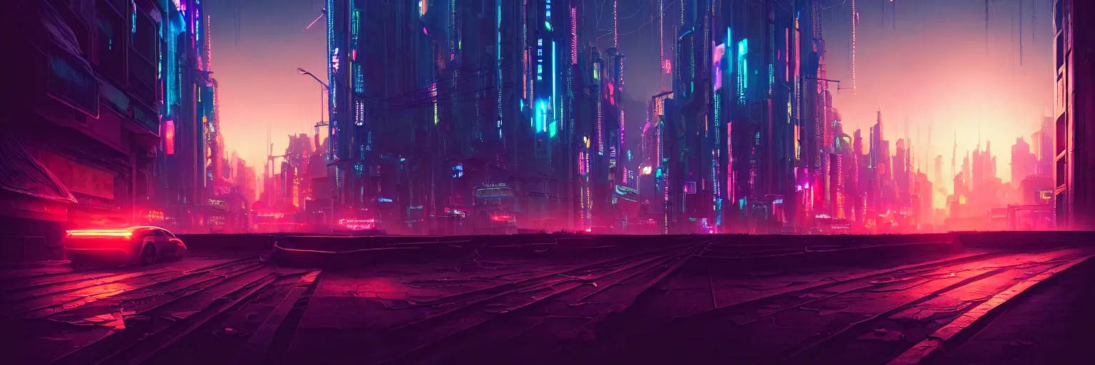 Image similar to cinematic photography of a cyberpunk desserted city during sunset, flare back lighting, cyber led neon, bokeh, rule of thirds, hyper photorealistic, crispy quality, digital photography, art by artgerm, art by greg rutkowski, art by pascal blanche,