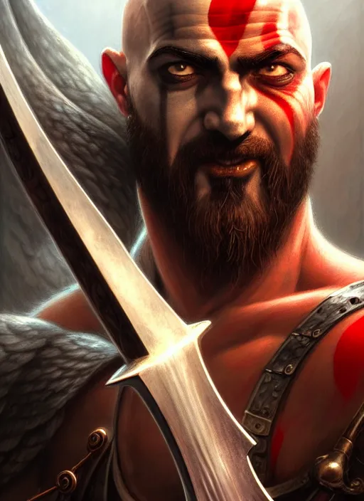 Image similar to closeup portrait shot of kratos with an axe, intricate, elegant, highly detailed, centered, digital painting, artstation, concept art, smooth, sharp focus, illustration, artgerm, tomasz alen kopera, peter mohrbacher, donato giancola, joseph christian leyendecker, wlop, boris vallejo