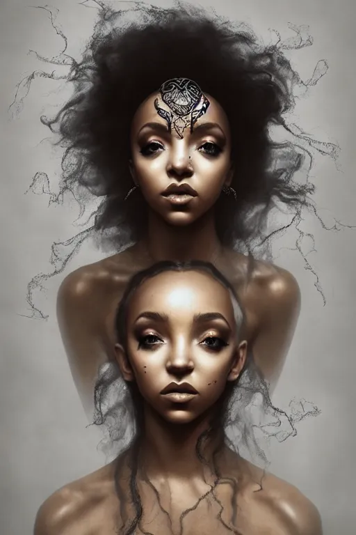 Image similar to a photorealistic portrait of tinashe as mysterious dark goddess of death, realism, clouds, swirling fabric, elaborate ornate growth, gilded relief, trending on artstation, by alessio albi