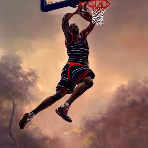 Prompt: an oil painting of a tiger dunking a basketball over Shaq Trending on Artstation, featured on Behance, well-rendered, fine detail, extra crisp image, Unreal Engine, 4K HD