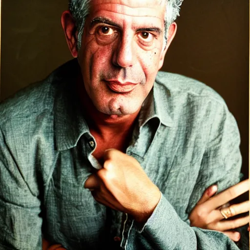 Prompt: promotional vogue studio portrait photo of Anthony Bourdain by Annie Leibovitz, 50mm, pentax, film