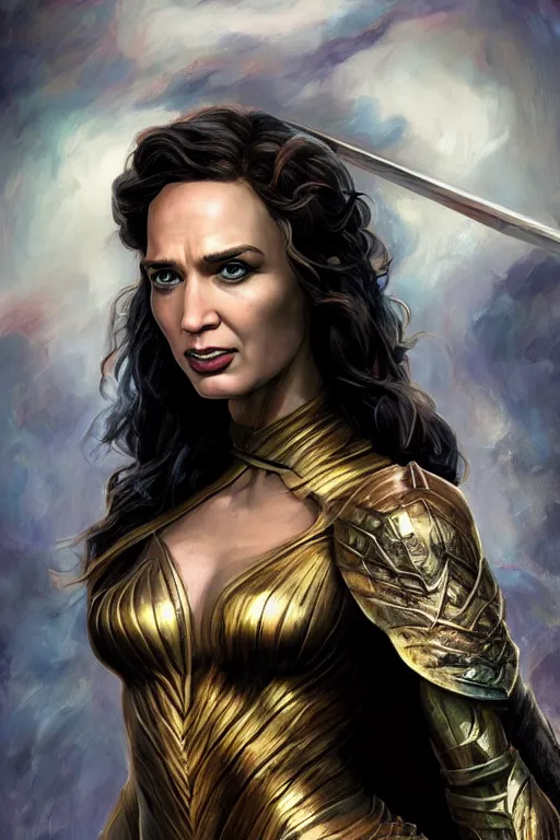 Prompt: A fantasy comic book style portrait painting of, hybrid of Gal Gadot, Emily Blunt, as an Atlantean, Reptilian Warrior, Mystical Valkyrie, Armor, Sword, Archer Bow, Spear, Sheild, François Boucher, Oil Painting, unreal 5, DAZ, hyperrealistic, octane render, Regal, Refined, Coherent, Detailed Digital Art, RPG portrait, William-Adolphe Bouguereau, Michael Cheval, Walt Disney (1937), Steampunk, dynamic lighting, Highly Detailed, Cinematic Lighting, Unreal Engine, 8k, HD