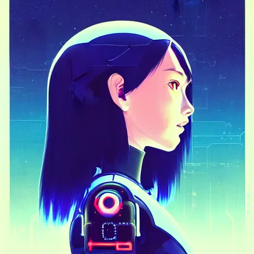 Image similar to side portrait scifi cyborg girl with robotic parts and spacesuit | | head only in center of image, audrey plaza, fine detail!! anime!! realistic shaded lighting!! poster by ilya kuvshinov katsuhiro otomo ghost - in - the - shell, magali villeneuve, artgerm, jeremy lipkin and michael garmash and rob rey