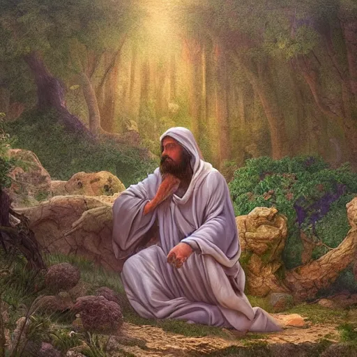 Prompt: Agony in the Garden of Getsemane. Beautiful and sad, digital art, hyper detailed intricate painting