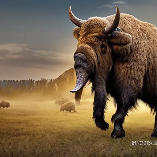 Prompt: a hybrid between a mammoth and a buffalo, photography, award - winning, national geographic channel, discovery channel, 8 k