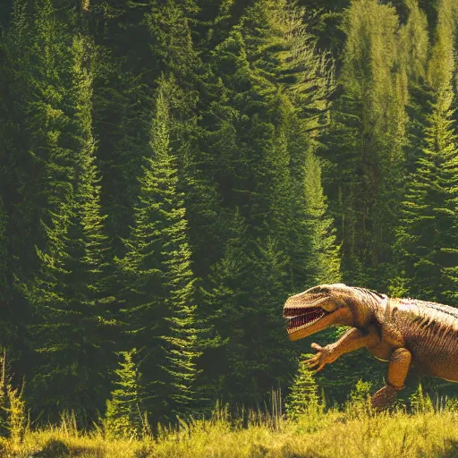 Image similar to a t - rex in the coniferous forest, background dolomites, cinematic, diffused light among the trees, artistic drawing