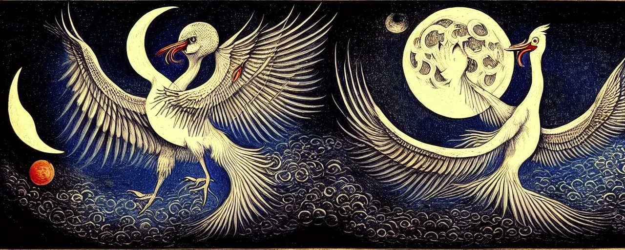 Prompt: a simorgh sings a unique canto'as above so below'to the moon, while being ignited by the spirit of haeckel and robert fludd, breakthrough is iminent, glory be to the magic within, in honor of saturn, painted by ronny khalil