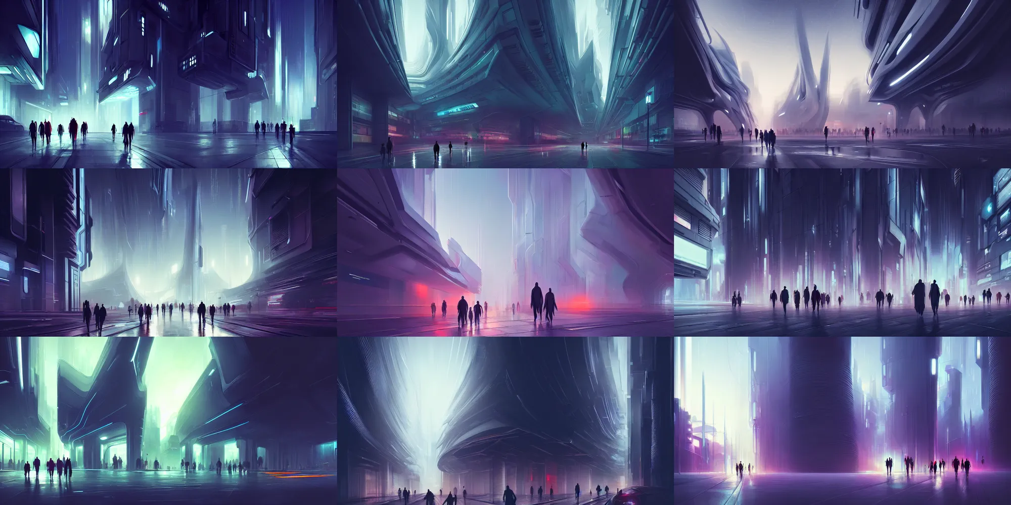 Prompt: digital painting, street, night, utopian architecture in the style of zaha hadid, people walking, intricate, cinematic, holy place, cyberpunk, science fiction, futurism, atmospheric, concept art, artstation, andree wallin
