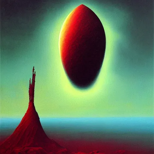 Image similar to long shot of among us red armless astronaut space ship in the background, amogus, art by zdzislav beksinski, high quality, dark hues, higly detailed, oil painting