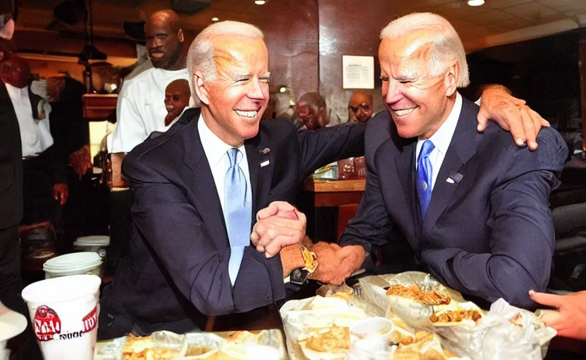 Image similar to a photo of joe biden at papa john's with shaquille o'neal